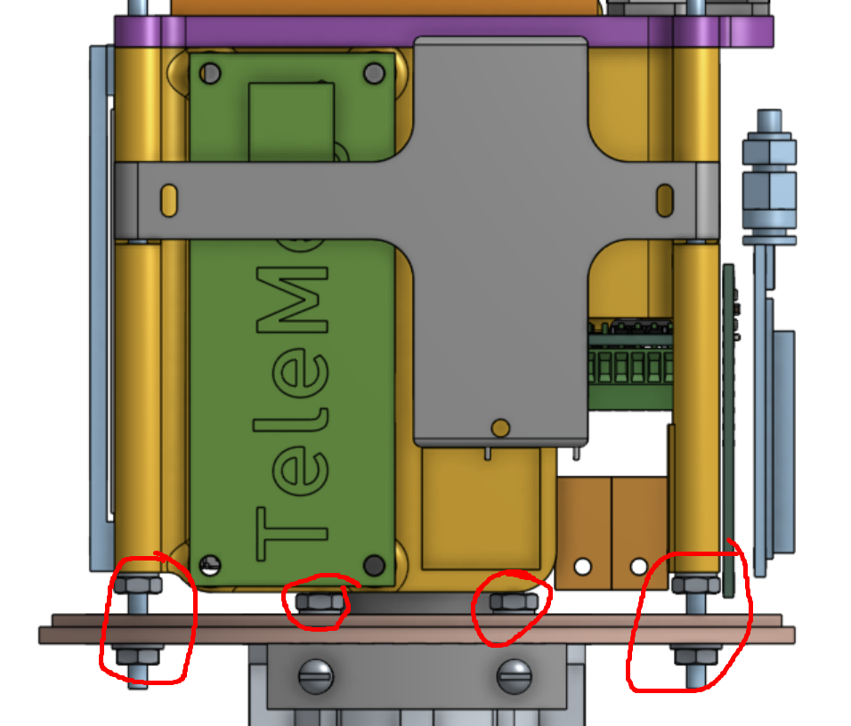 Front view of the payload bay with four fastener locations circled in red at the lower bulkhead