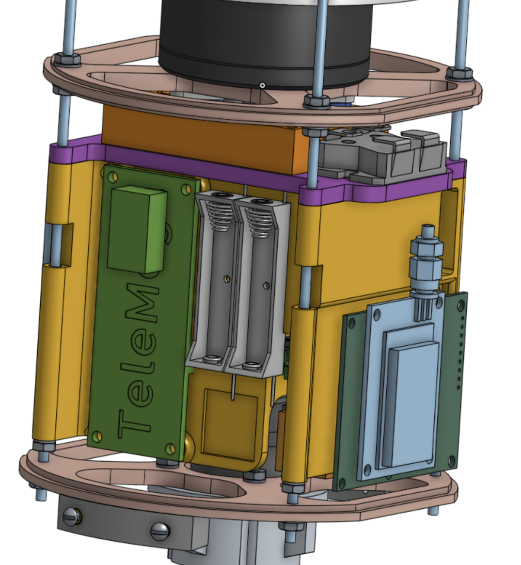 Onshape assembly view of the ATLAS payload showing two bulkheads on threaded standoffs with the flight computer, battery holders and camera hardware between them