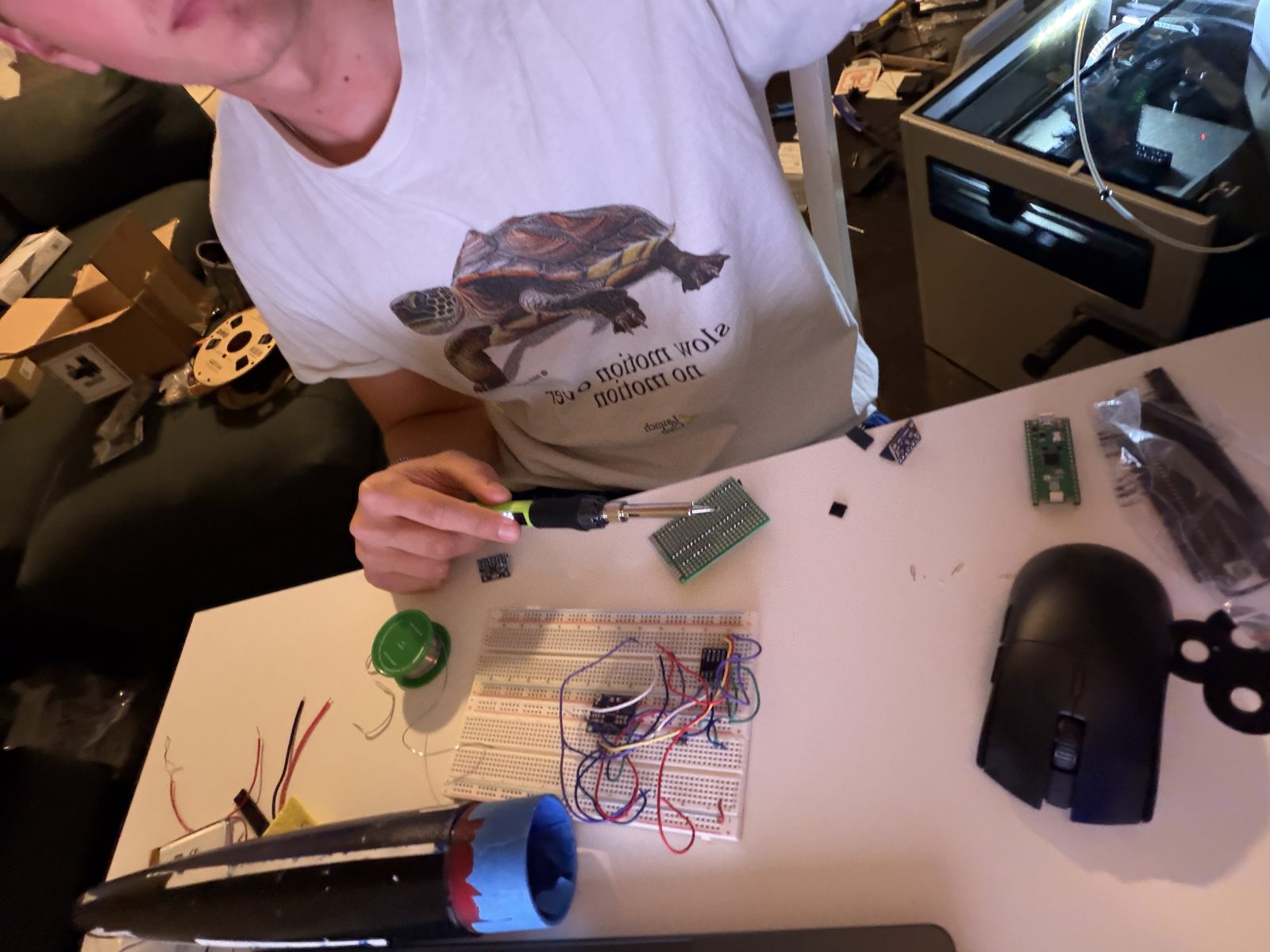 Workbench during the perfboard soldering and bring-up sessions