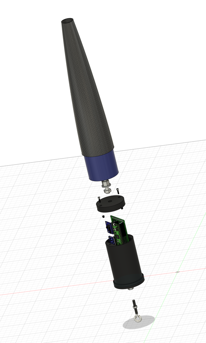 Exploded CAD view of the electronics assembly from eyebolt through housing, boards, lid, and rod to the nosecone